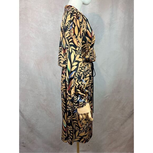 Vintage 70s 80s Botanical Print Dress XL Gold and Black Print - Picture 7 of 9